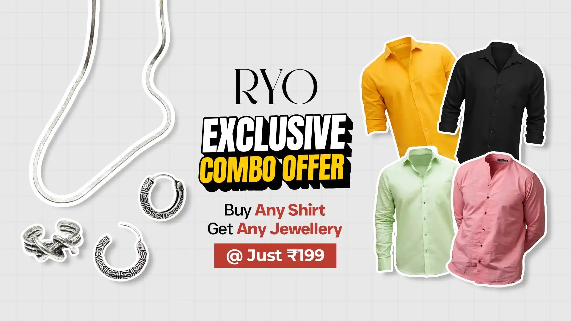 An advertisement for a combo offer including shirts and jewelry.
