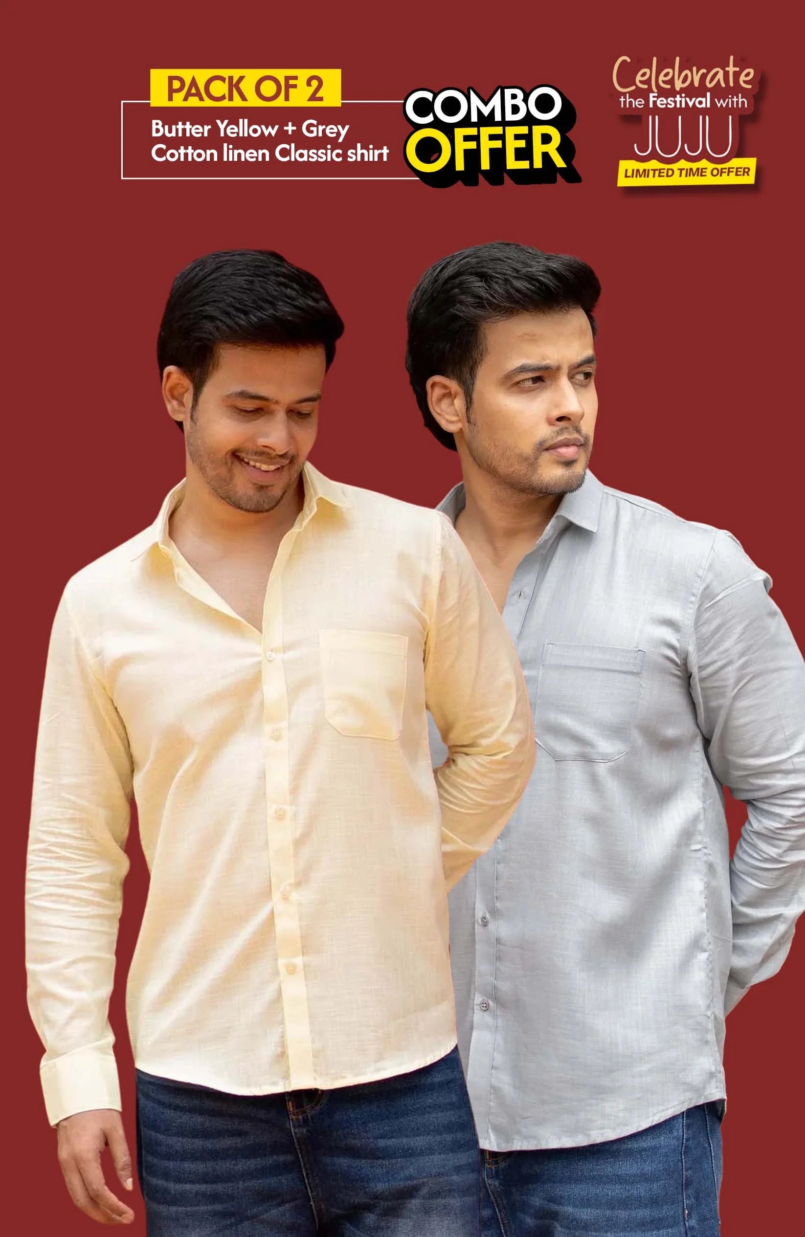 Classic Shirt Pack of 2 | Butter Yellow & Grey | Cotton Linen | Combo Offer - S - Shirt