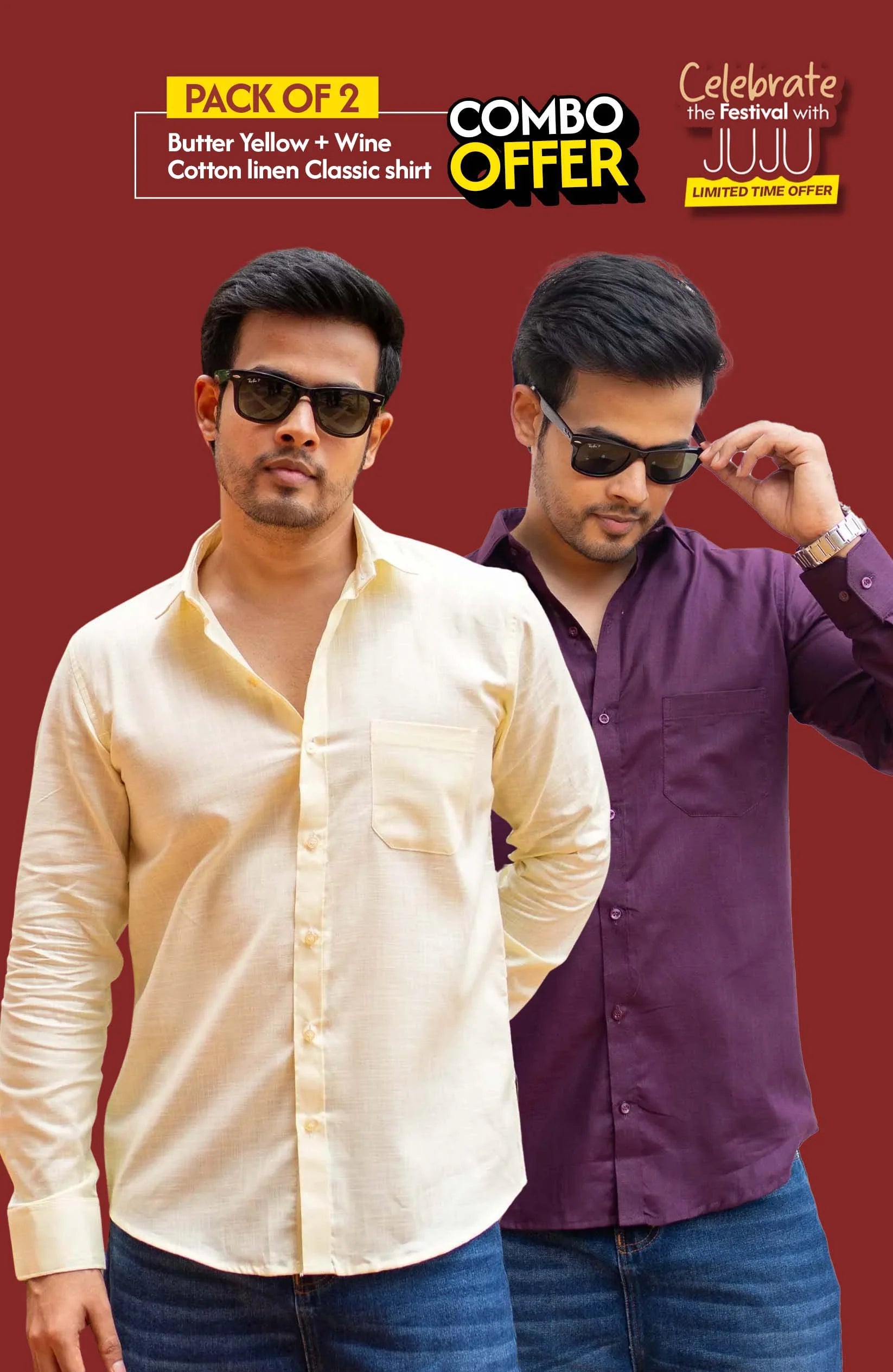 Classic Shirt Pack of 2 | Butter Yellow & Wine | Cotton–Linen | Combo Offer - Shirt