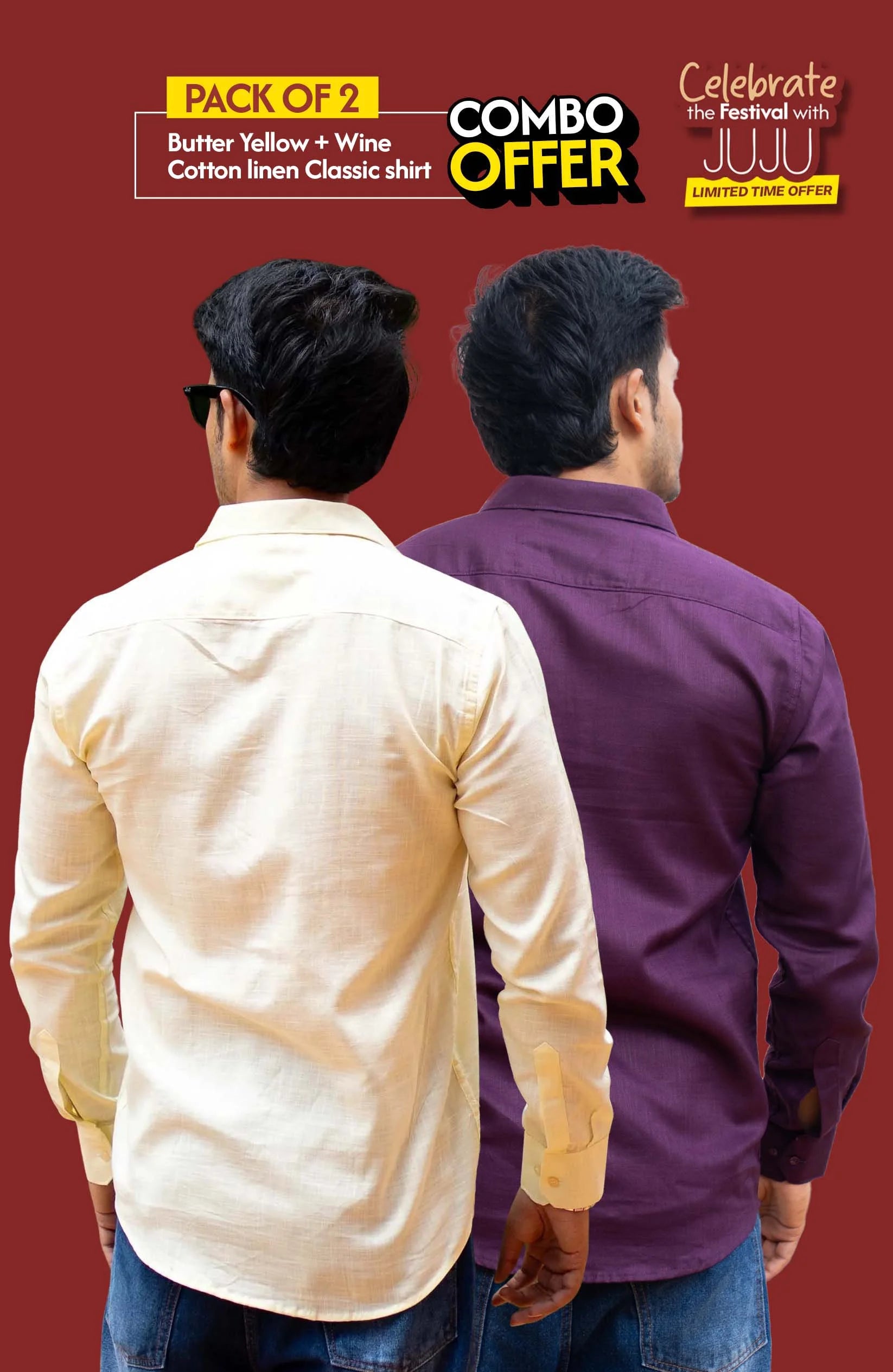 Classic Shirt Pack of 2 | Butter Yellow & Wine | Cotton–Linen | Combo Offer - Shirt