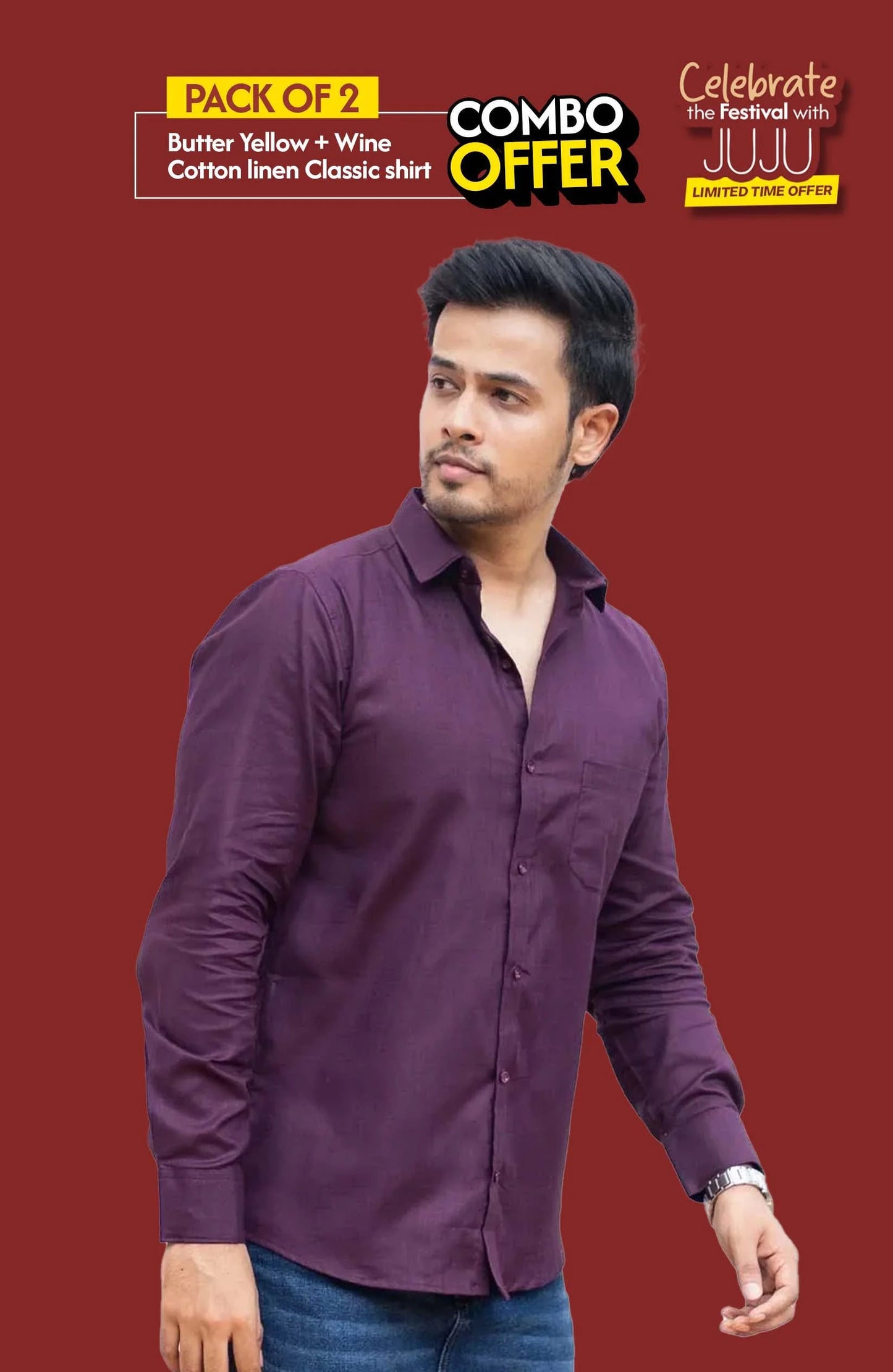 Classic Shirt Pack of 2 | Butter Yellow & Wine | Cotton–Linen | Combo Offer - Shirt