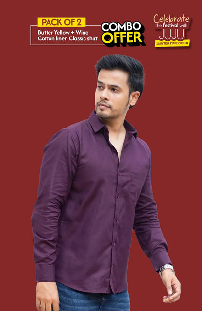Classic Shirt Pack of 2 | Butter Yellow & Wine | Cotton–Linen | Combo Offer - Shirt