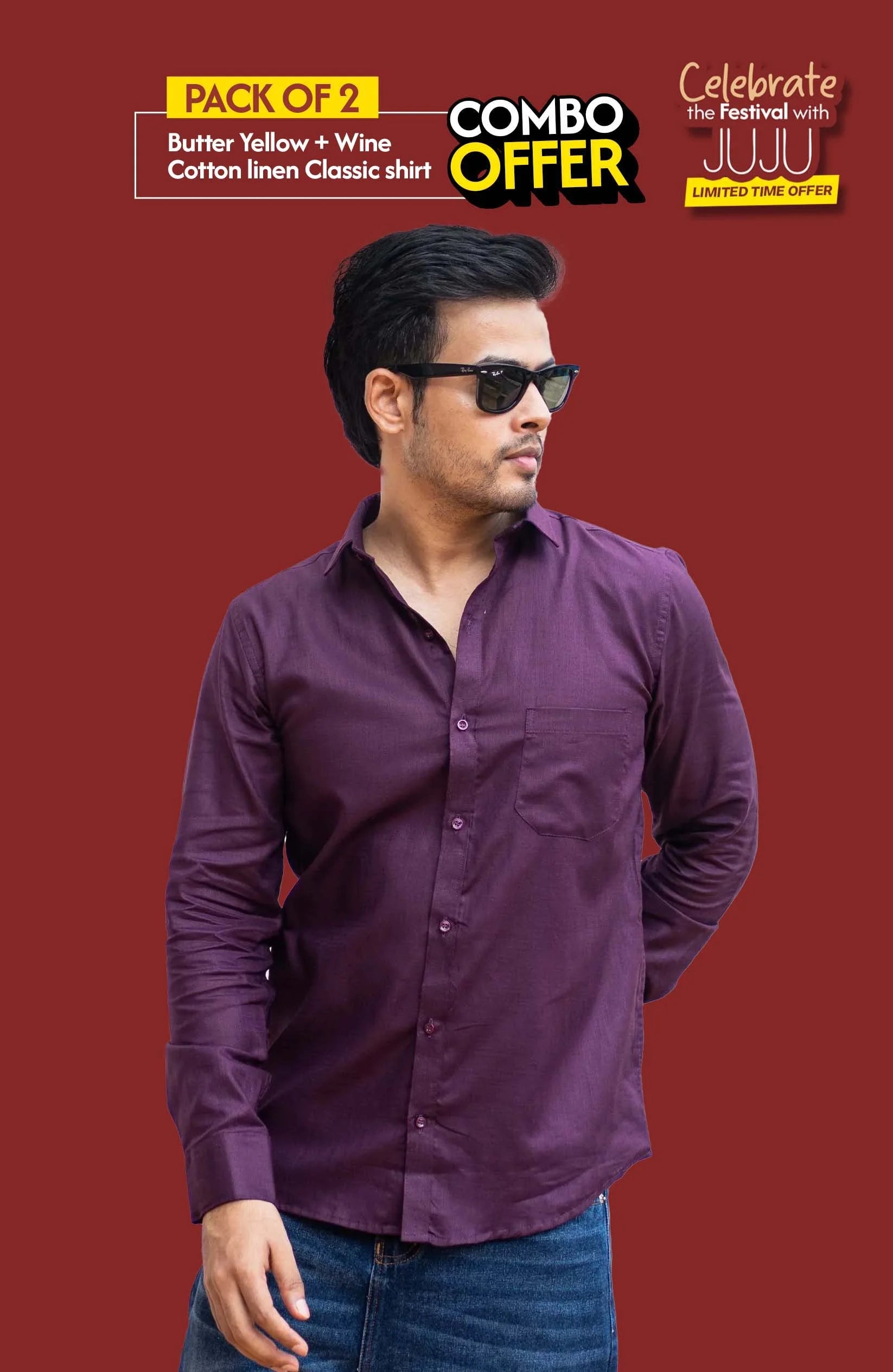Classic Shirt Pack of 2 | Butter Yellow & Wine | Cotton–Linen | Combo Offer - Shirt