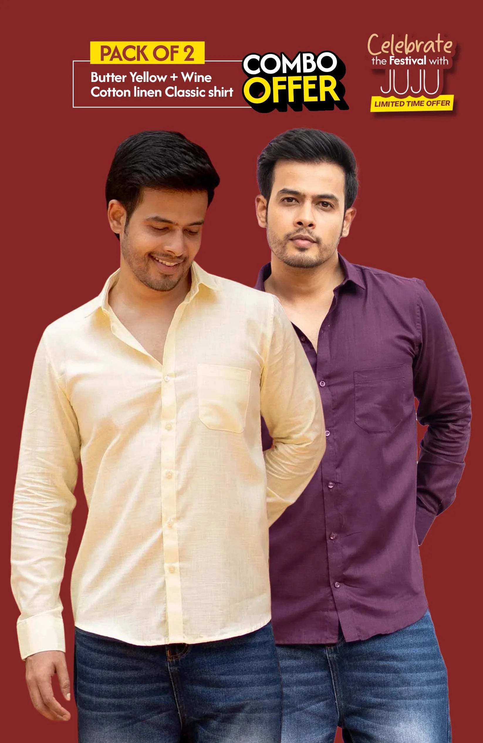 Classic Shirt Pack of 2 | Butter Yellow & Wine | Cotton–Linen | Combo Offer - Shirt