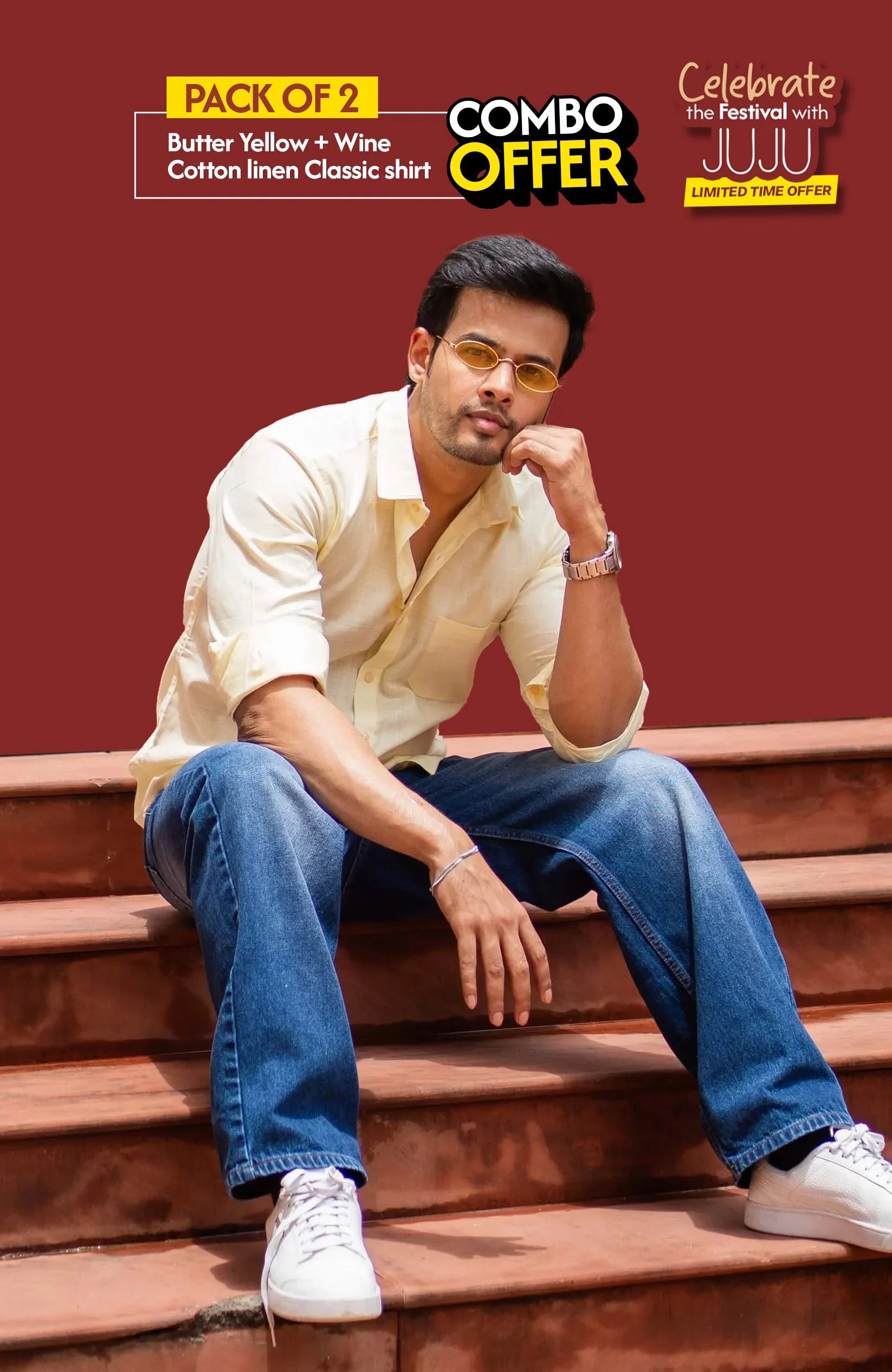 Classic Shirt Pack of 2 | Butter Yellow & Wine | Cotton–Linen | Combo Offer - Shirt