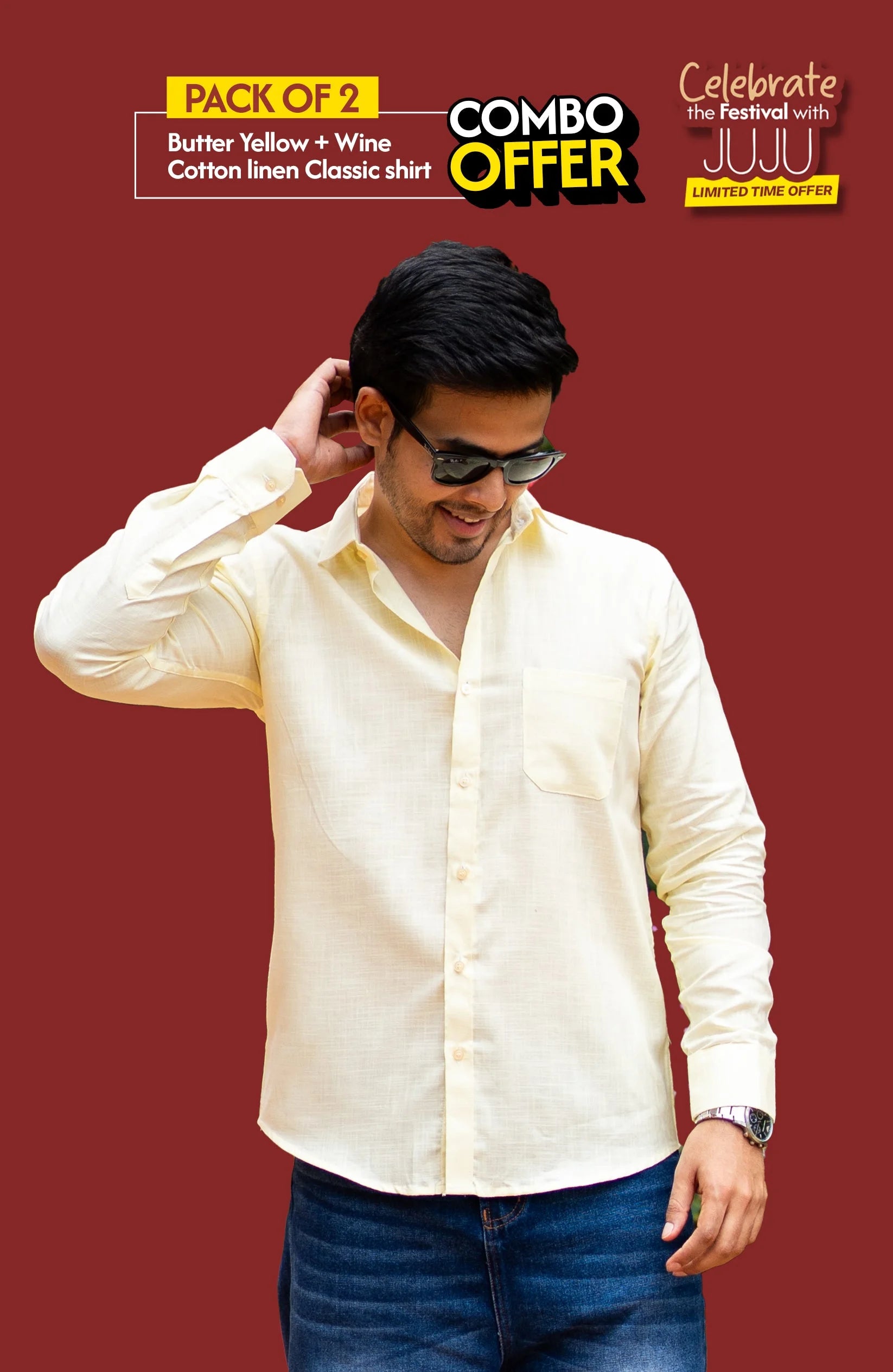 Classic Shirt Pack of 2 | Butter Yellow & Wine | Cotton–Linen | Combo Offer - Shirt