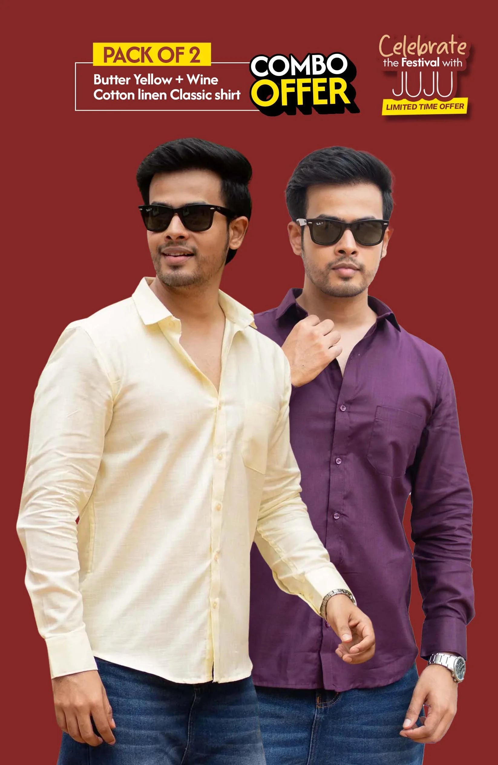 Classic Shirt Pack of 2 | Butter Yellow & Wine | Cotton–Linen | Combo Offer - Shirt