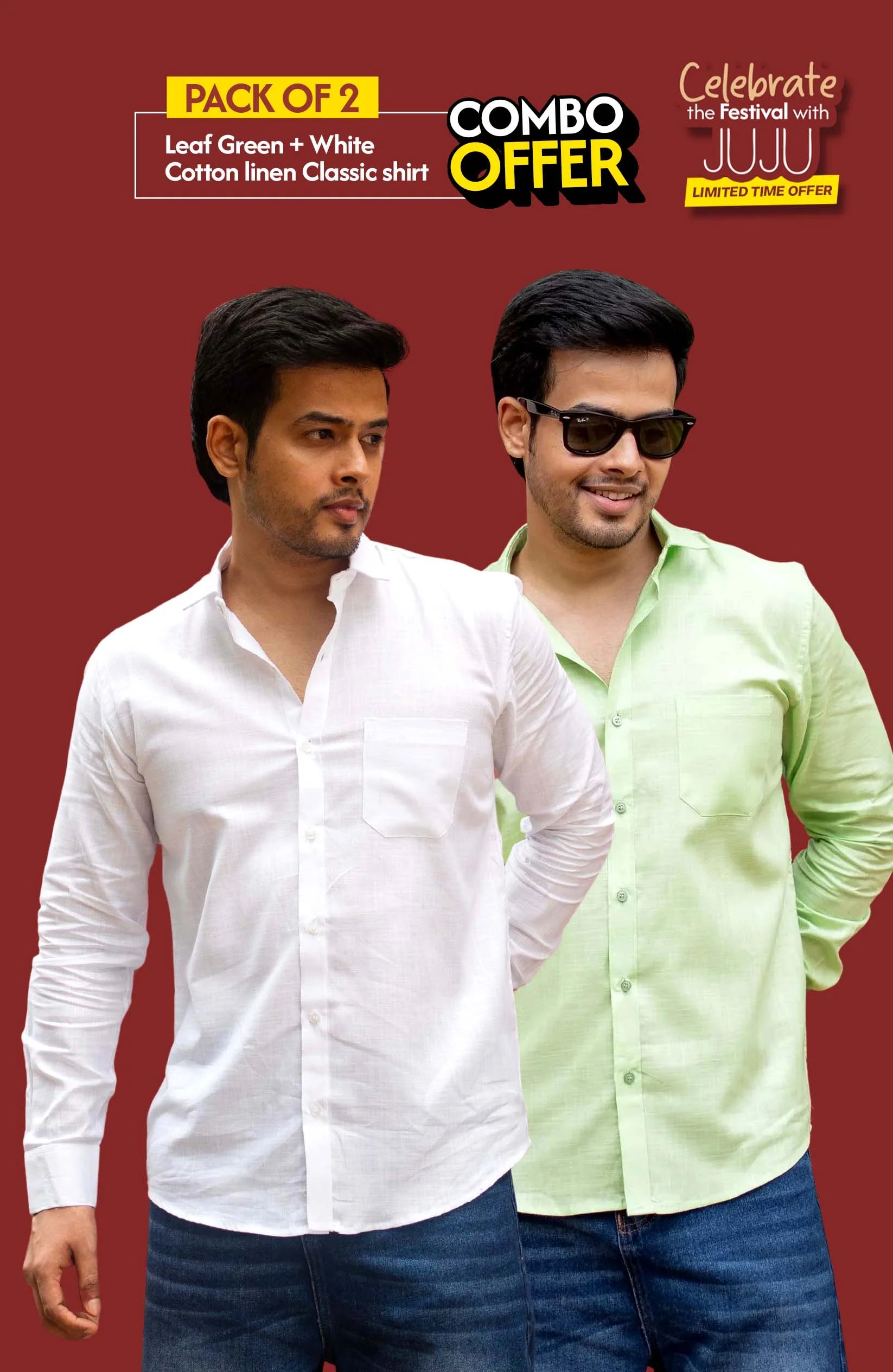 Classic Shirt Pack of 2 | Leaf Green & White | Cotton Linen | Combo Offer - Shirt