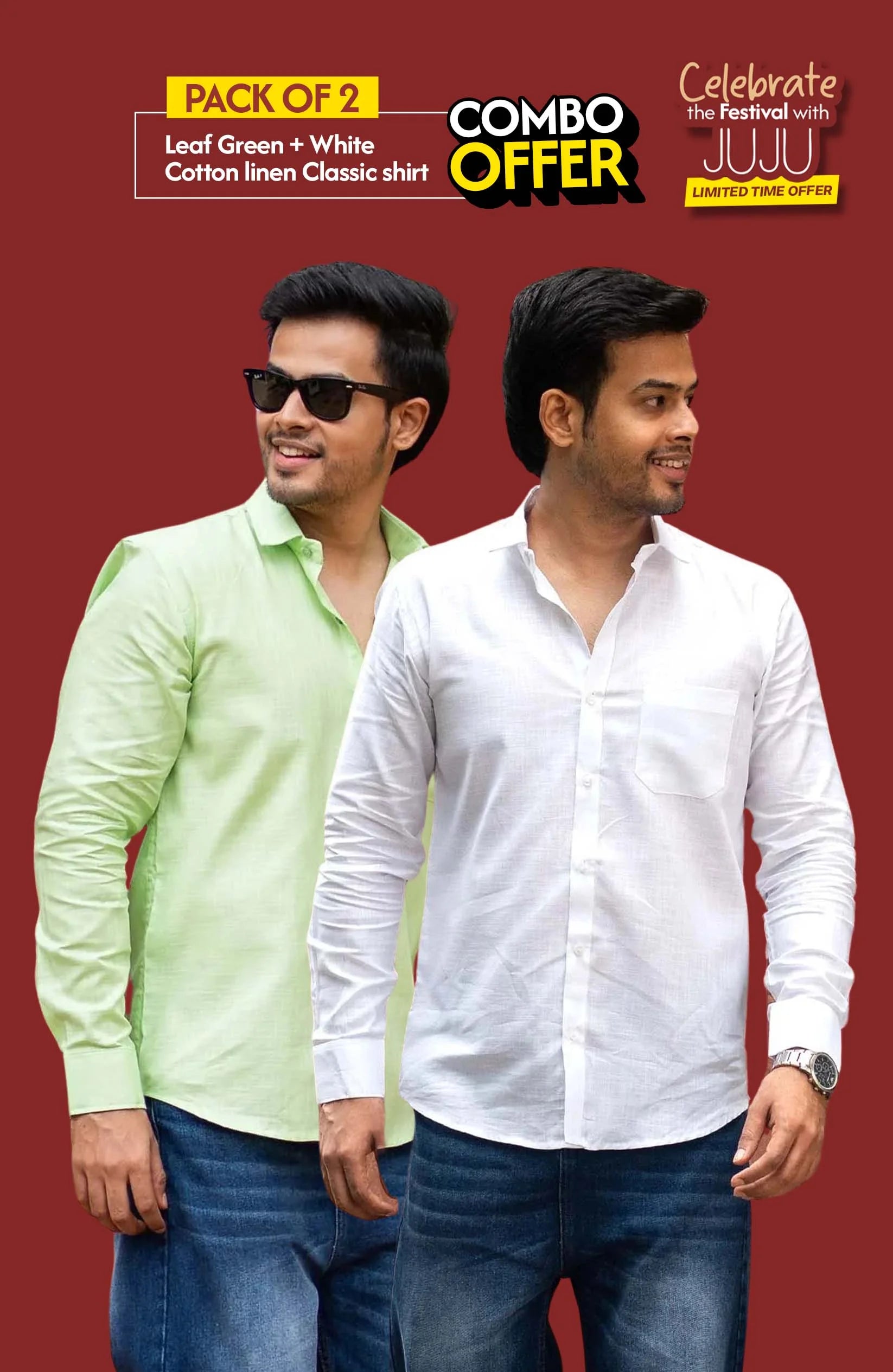Classic Shirt Pack of 2 | Leaf Green & White | Cotton Linen | Combo Offer - S - Shirt