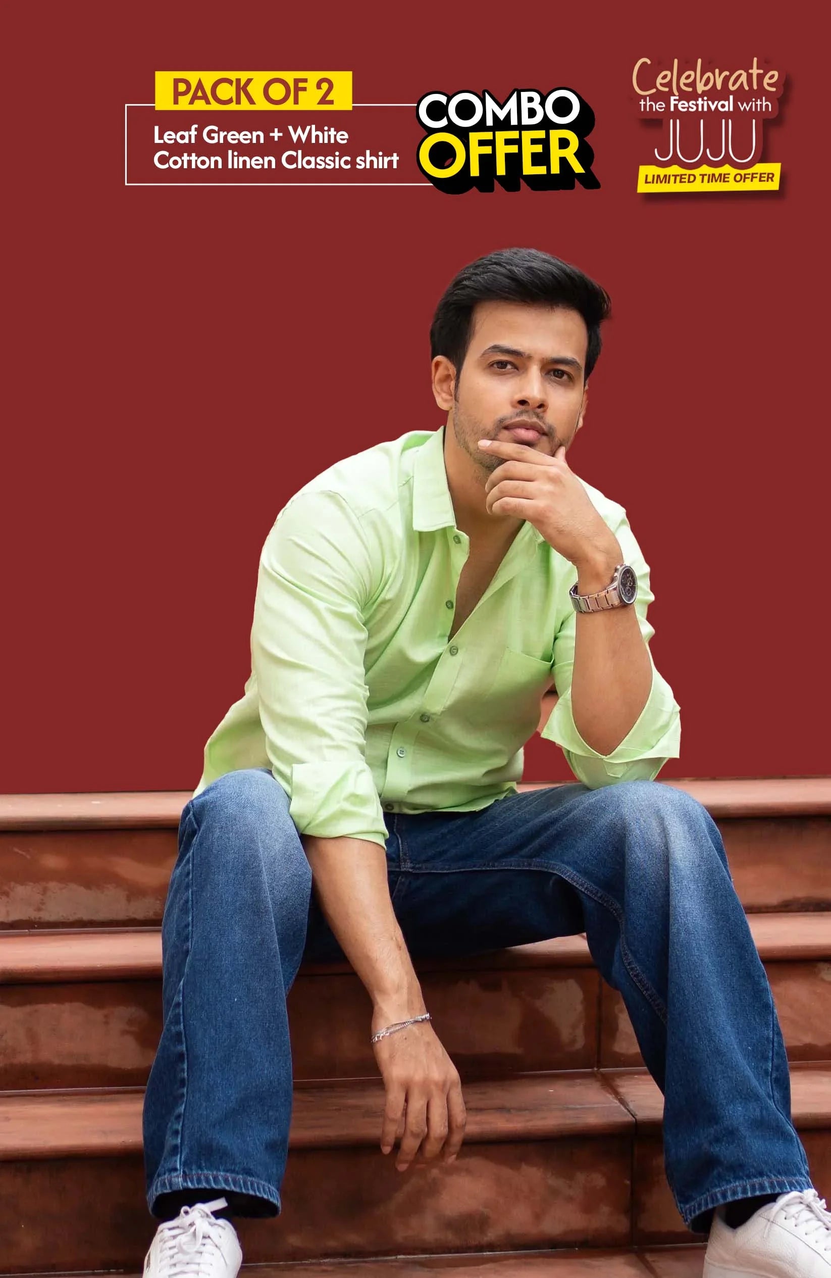 Classic Shirt Pack of 2 | Leaf Green & White | Cotton Linen | Combo Offer - Shirt