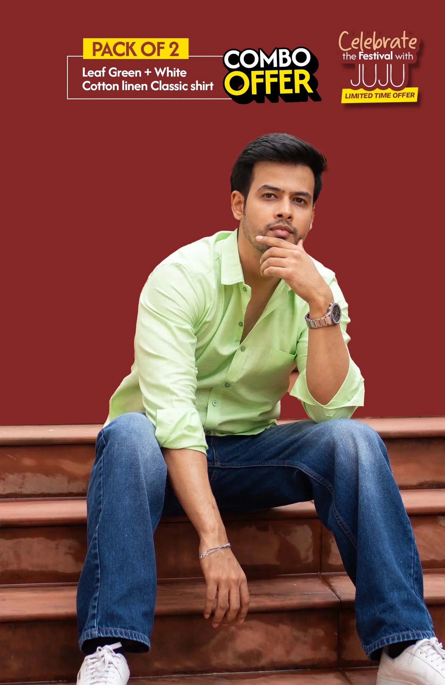 Classic Shirt Pack of 2 | Leaf Green & White | Cotton Linen | Combo Offer - Shirt