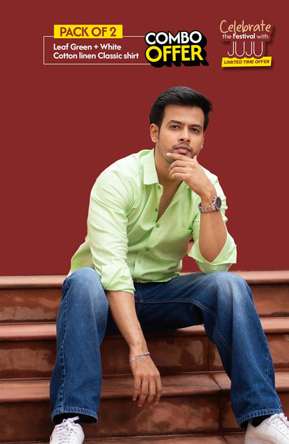 Classic Shirt Pack of 2 | Leaf Green & White | Cotton Linen | Combo Offer - Shirt