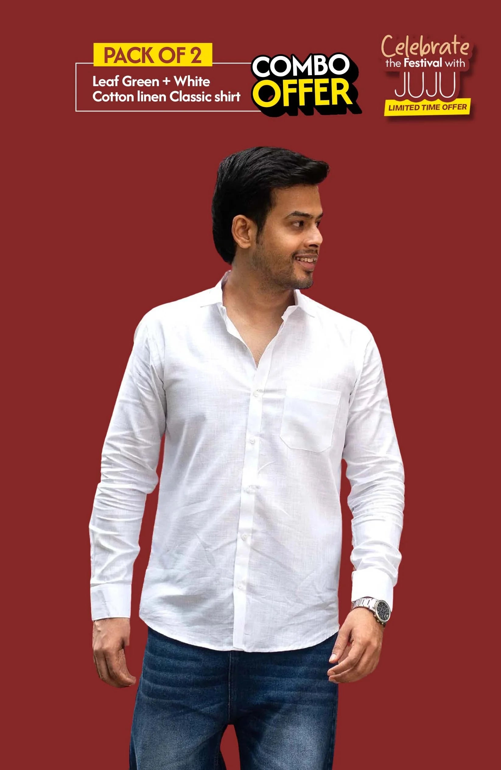 Classic Shirt Pack of 2 | Leaf Green & White | Cotton Linen | Combo Offer - Shirt