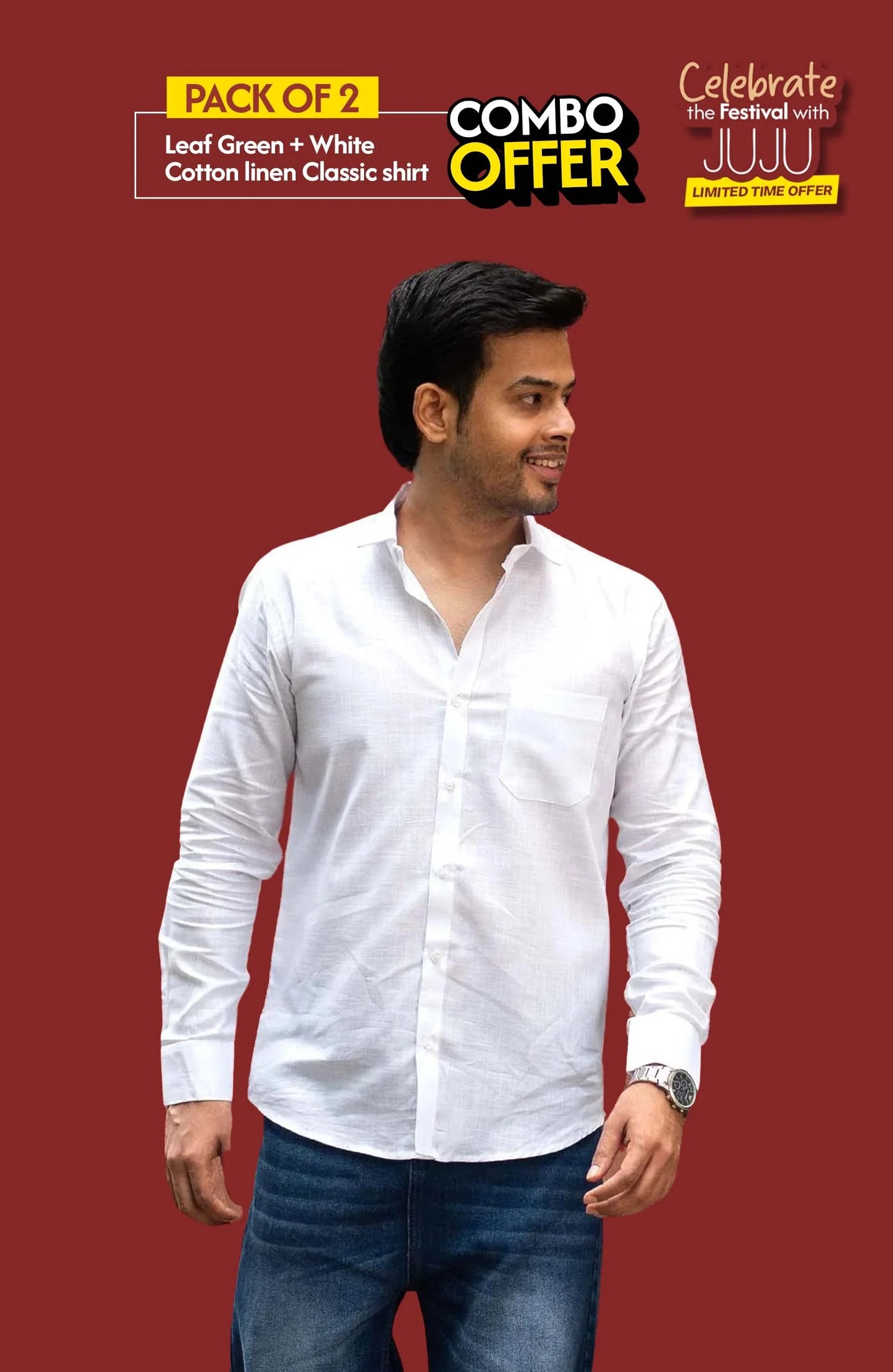 Classic Shirt Pack of 2 | Leaf Green & White | Cotton Linen | Combo Offer - Shirt