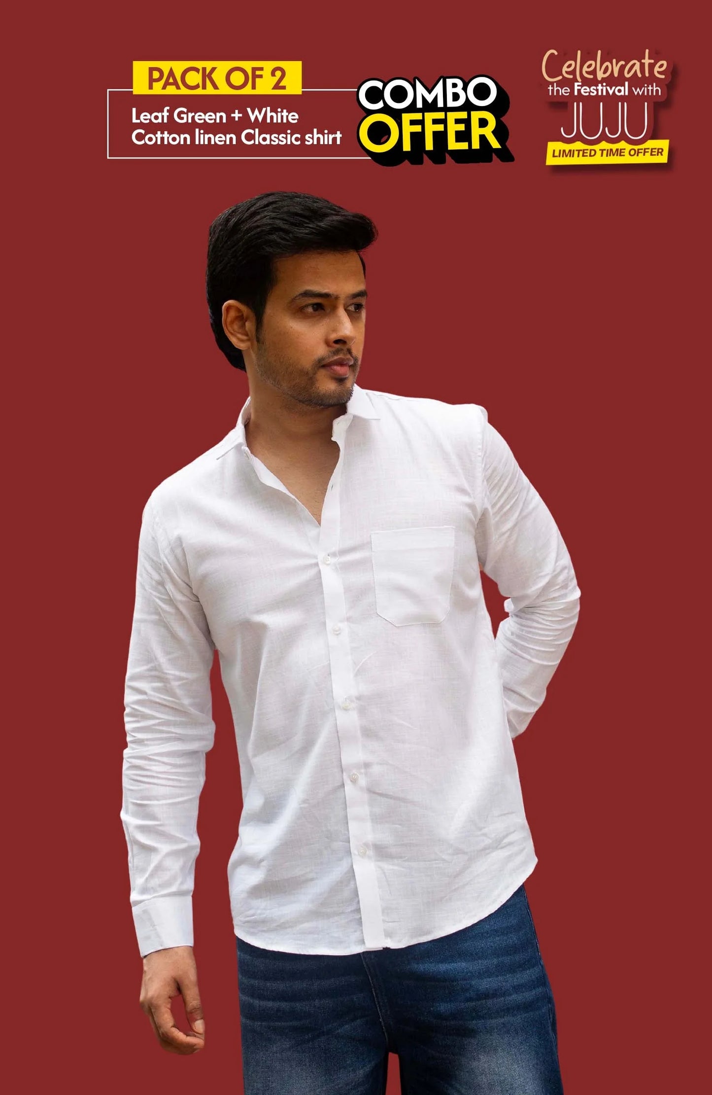 Classic Shirt Pack of 2 | Leaf Green & White | Cotton Linen | Combo Offer - Shirt