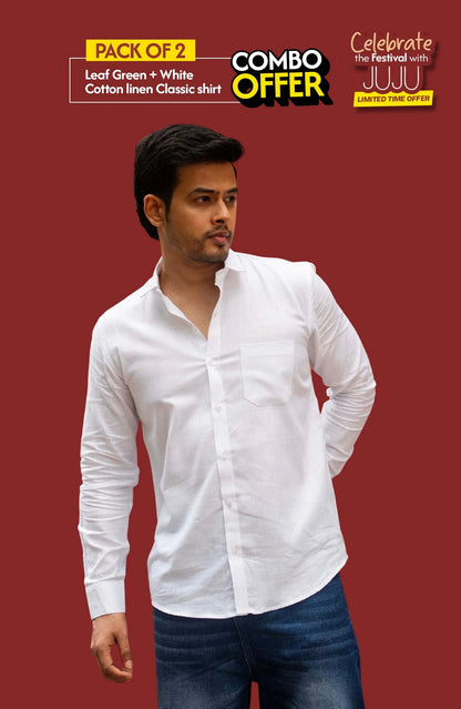 Classic Shirt Pack of 2 | Leaf Green & White | Cotton Linen | Combo Offer - Shirt
