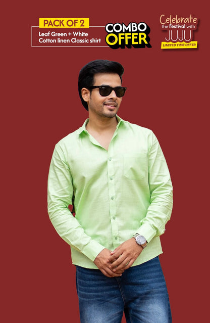 Classic Shirt Pack of 2 | Leaf Green & White | Cotton Linen | Combo Offer - Shirt