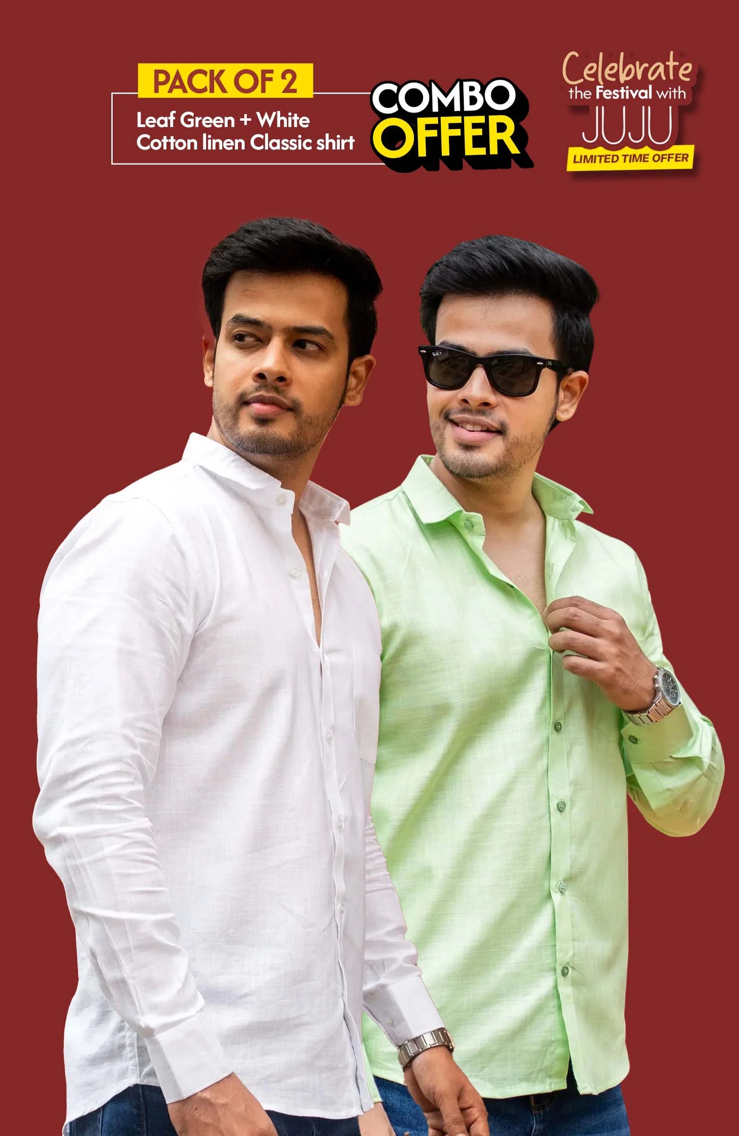 Classic Shirt Pack of 2 | Leaf Green & White | Cotton Linen | Combo Offer - Shirt