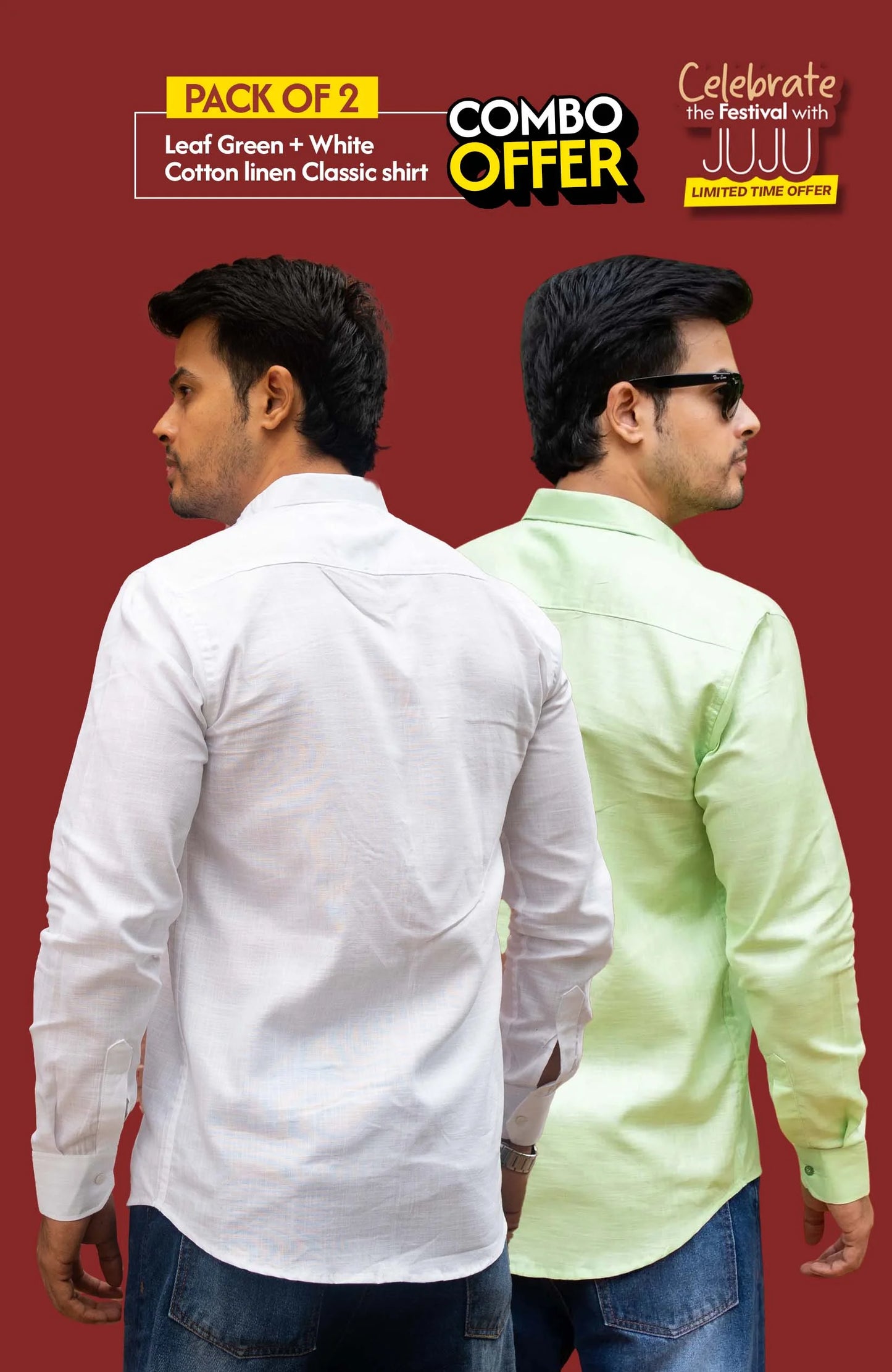 Classic Shirt Pack of 2 | Leaf Green & White | Cotton Linen | Combo Offer - Shirt